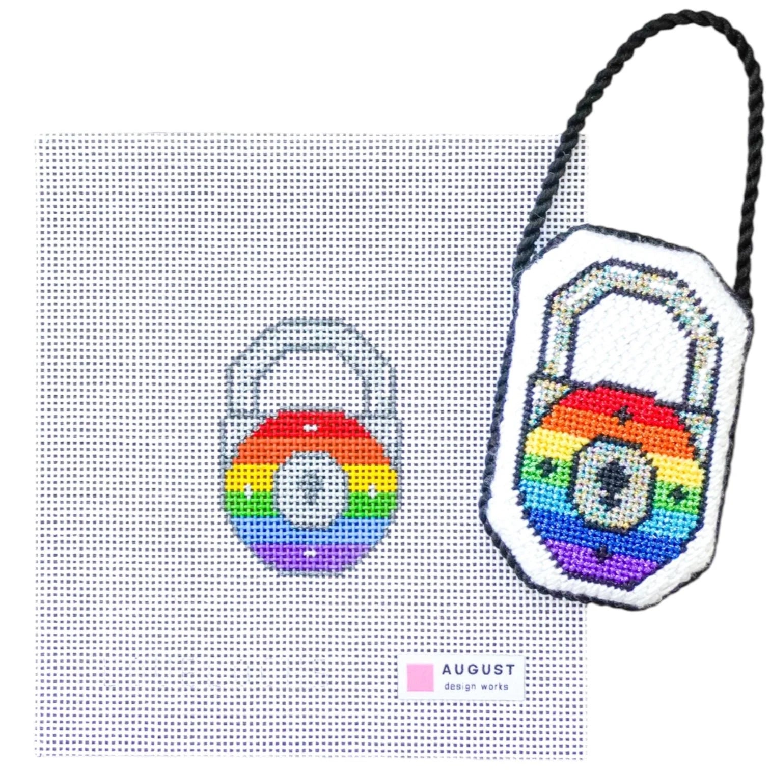 Rainbow Love Lock - Needlepoint Canvas + Key Charm