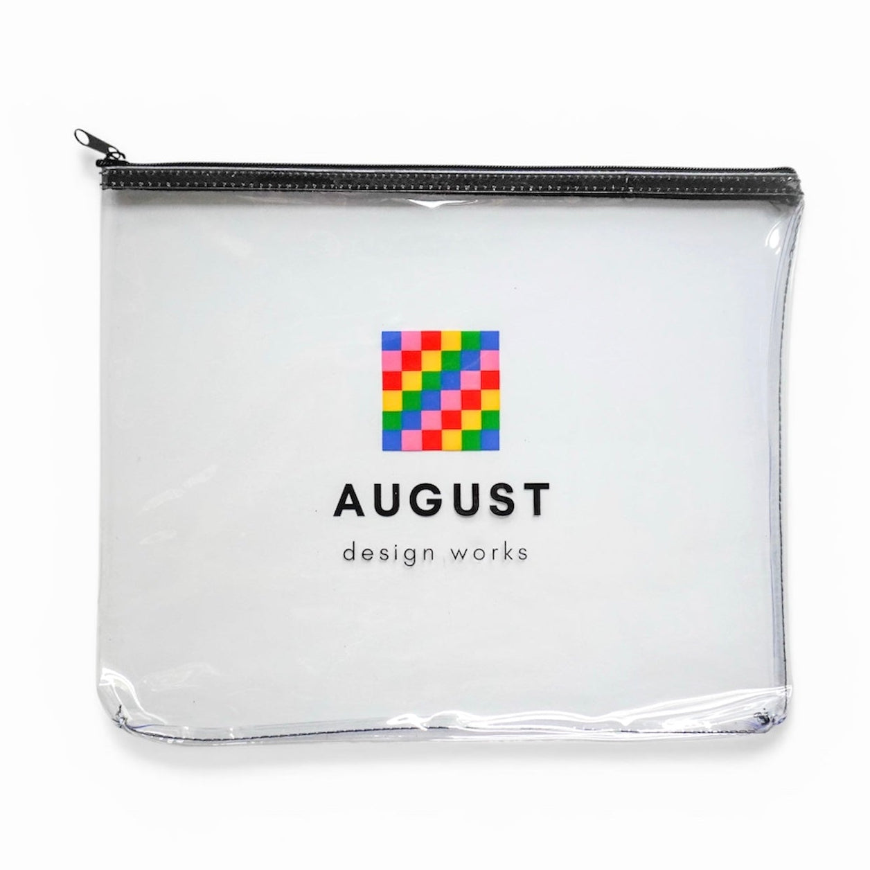 Clear pouch with 'August design works' logo on a white background